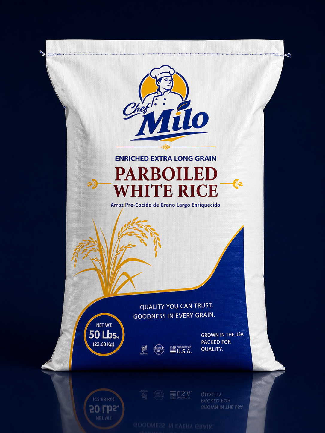 Chef Milo Enriched Extra Long Grain Parboiled White Rice - 50 Ib bag