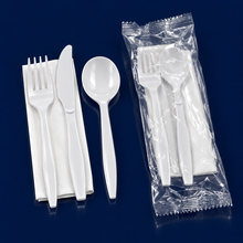 Load image into Gallery viewer, 4PC Cutlery Kit PP White Medium Weight With Napkin,Fork,Knife,Soup Spoon 250/Case