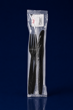 Load image into Gallery viewer, 6PC Cutlery Kit PS Black Heavy Duty With 13X17 Napkin,Fork,Knife,Salt &amp; Pepper,Teaspoon 250/Case