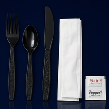Load image into Gallery viewer, 6PC Cutlery Kit PS Black Heavy Duty With 13X17 Napkin,Fork,Knife,Salt &amp; Pepper,Teaspoon 250/Case