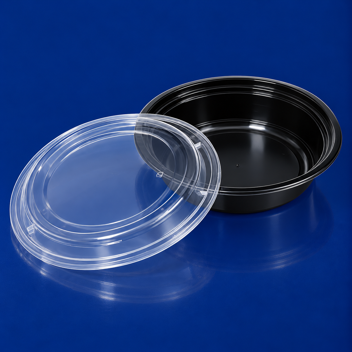 Take-Out Container Base & Lid Combo 24 OZ PP Black Clear Round Shallow Microwave Safe 150/Case